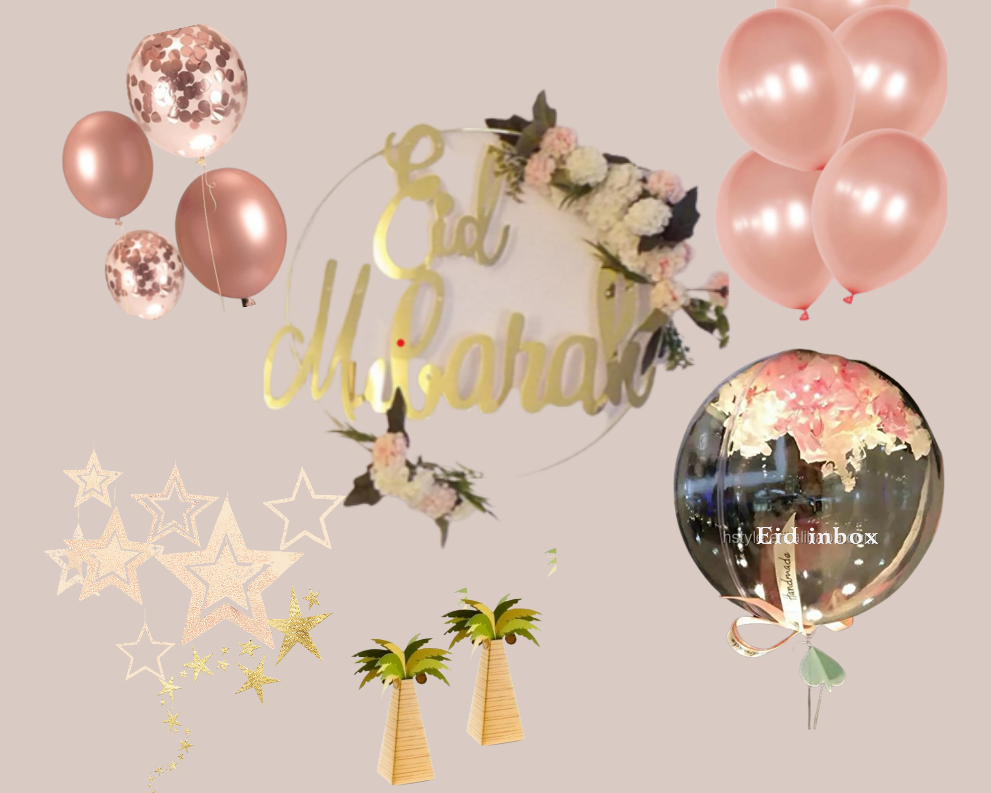 Kit décoration Aid & Ramadan composé de cerceau en métal doré 40cm de fleurs et de bannière Eid Mubarek d'un lot de 10 ballons d'un ballon transparent 40cm et d'un lot de 8 mini palmiers